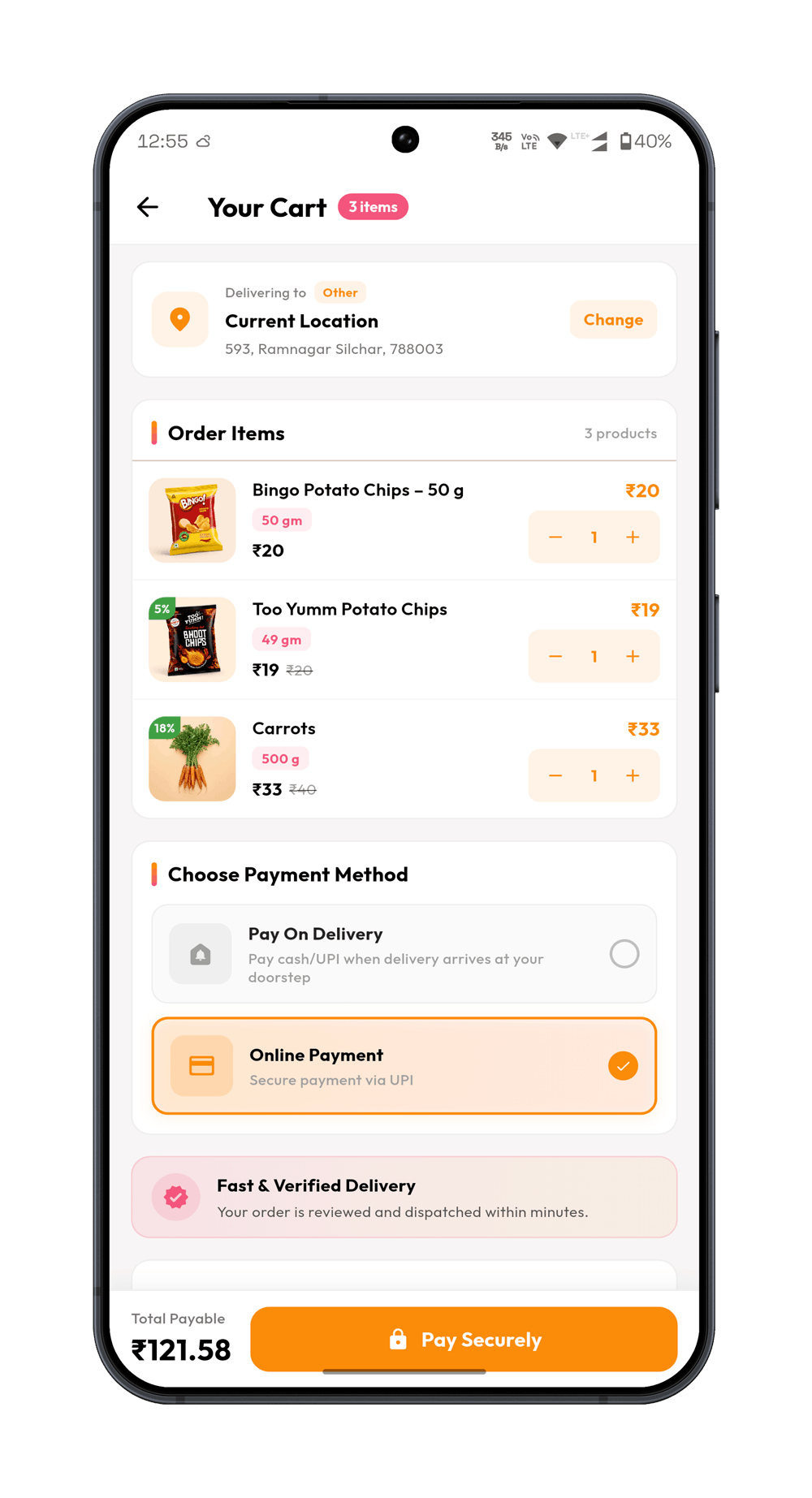 QuickZor app cart preview