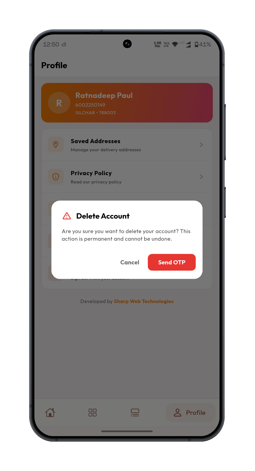 Delete account step 1 from home to profile